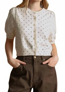 NEW MIOU MUSE polka dot printed short sleeve button front top in white multi